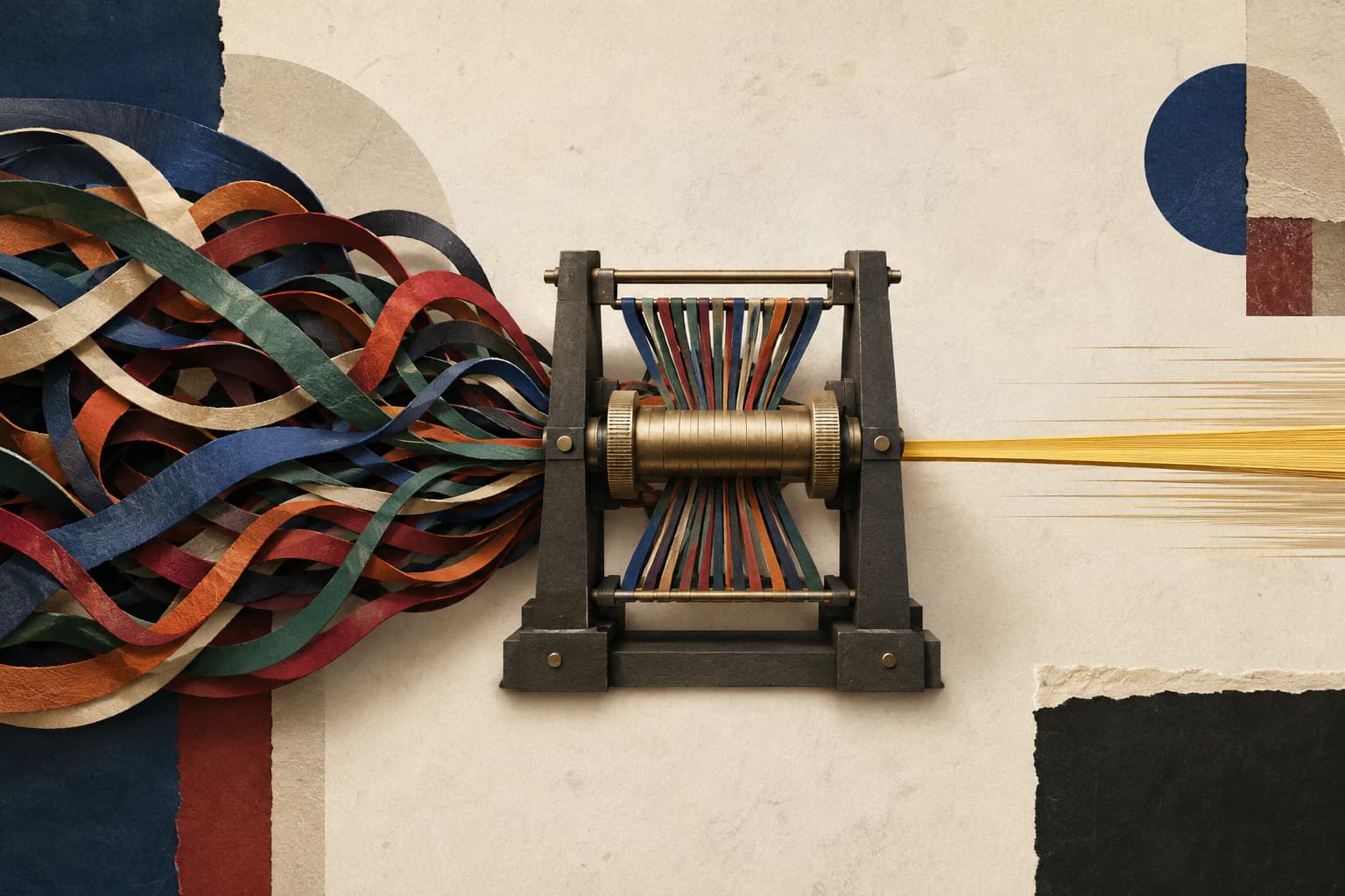 A tactile collage of tangled voice ribbons woven into one fast, precise output stream