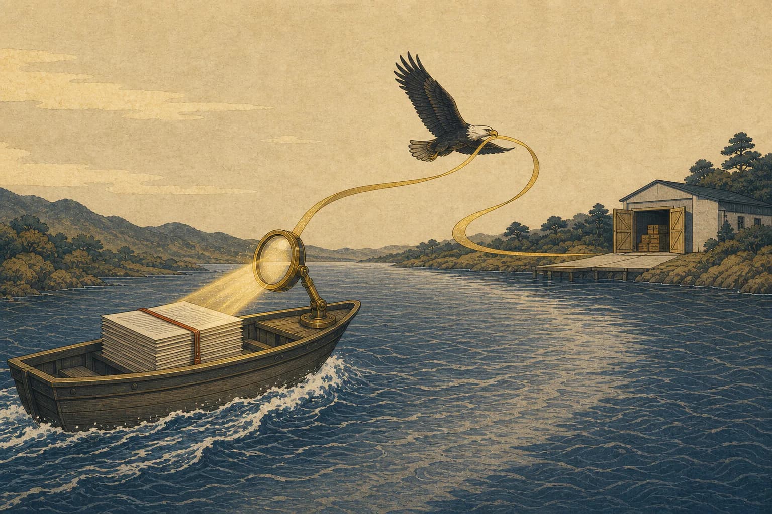 An eagle guiding a document-scanning courier boat toward an archive